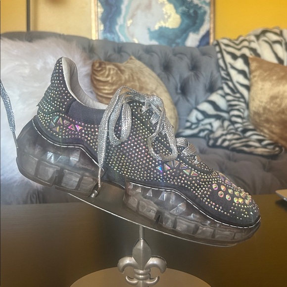 Stylish Dark Grey and Silver Women's Bedazzled Sneakers - Picture 5 of 11